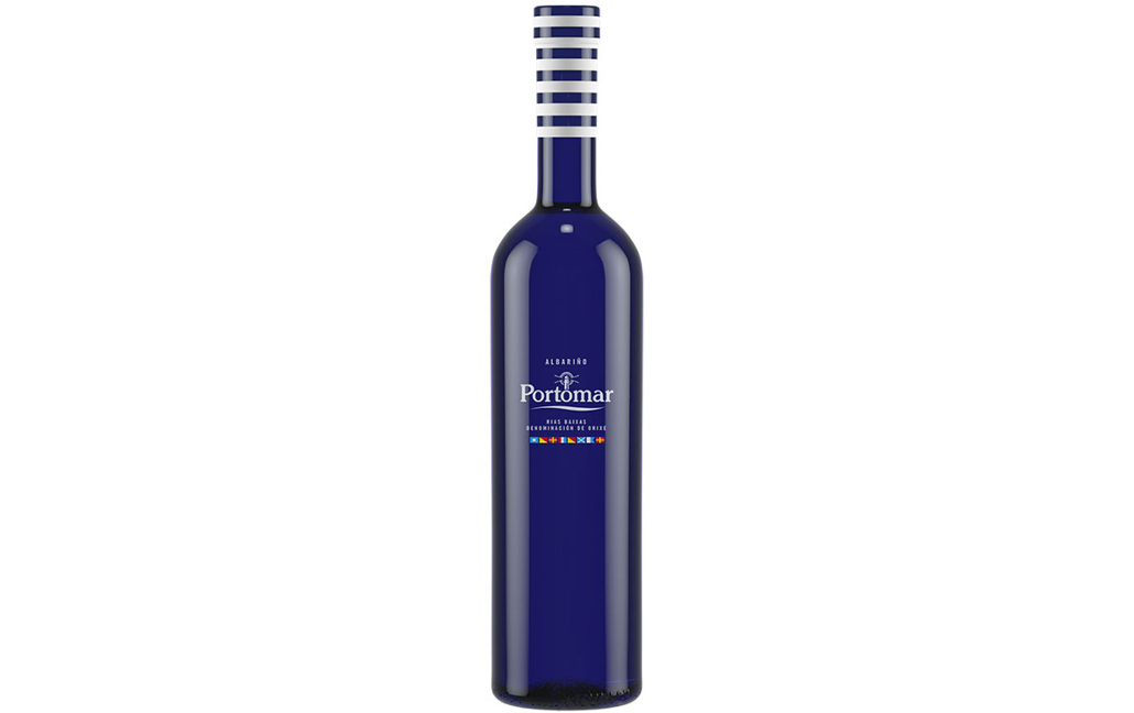 botella azul de Vino blanco albariño DOP RÍAS BAIXAS PORTOMAR