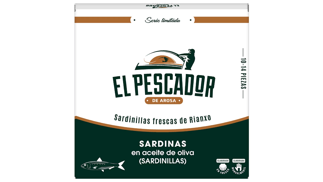 una caja verde y blanca de El Pescador con una lata de conservas sardinillas frescas de Rianxo en aceite de oliva