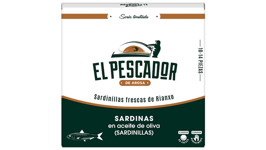 1 lata de conserva de El Pescador de Sardinilla en aceite de oliva, colores de la caja blanco y verde