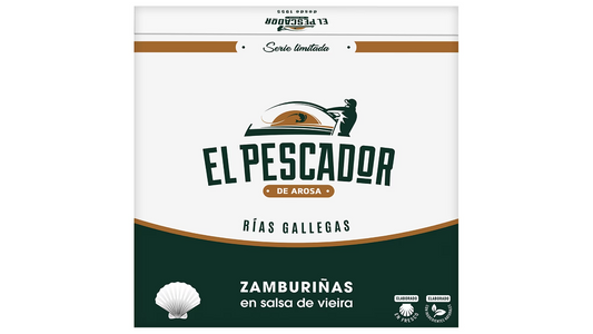 caja de El Pescador con lata de conserva de zamburiñas en salsa de vieira